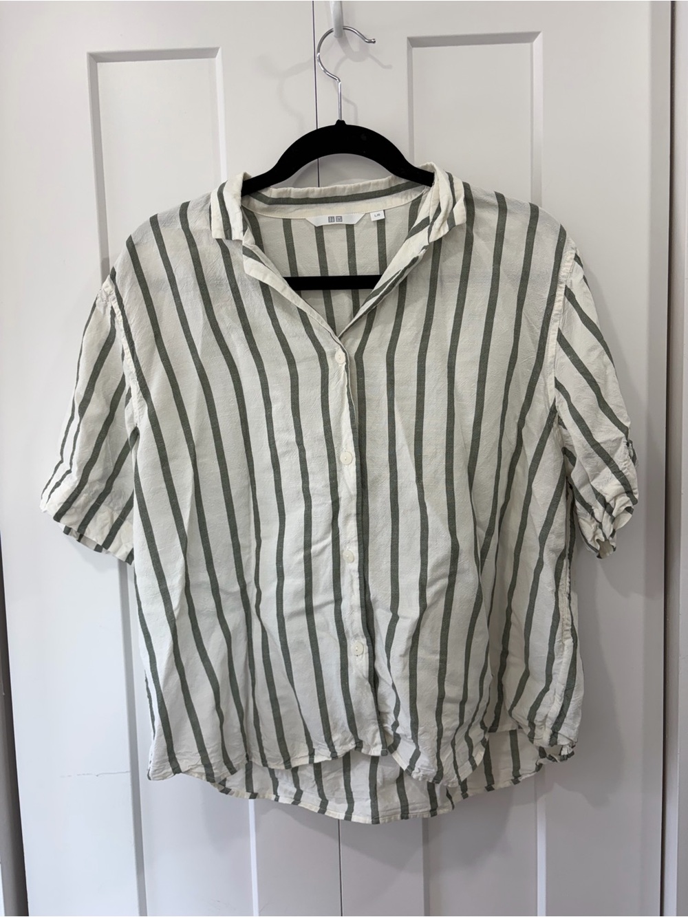 Uniqlo White Button-Down Shirt with Olive Stripes